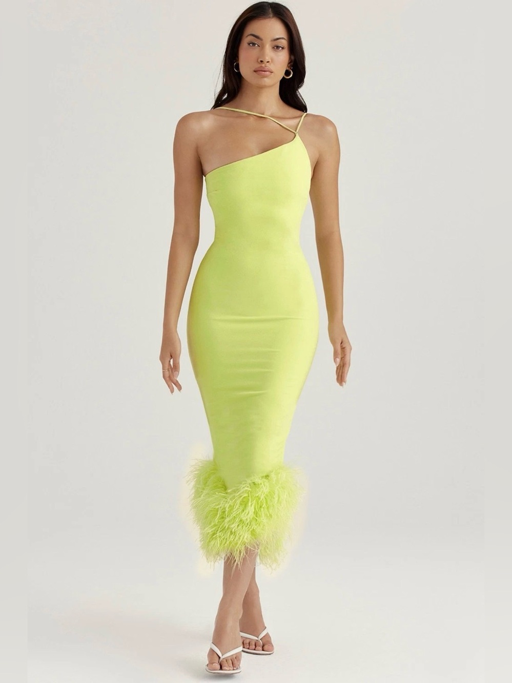 House of CB “Alessia” One-Shoulder Lime Green Feather-Hem Midi Dress